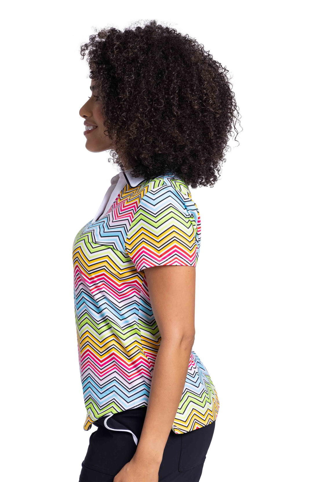 Side view of Woman wearing women's golf polo in herringbone wave pattern 