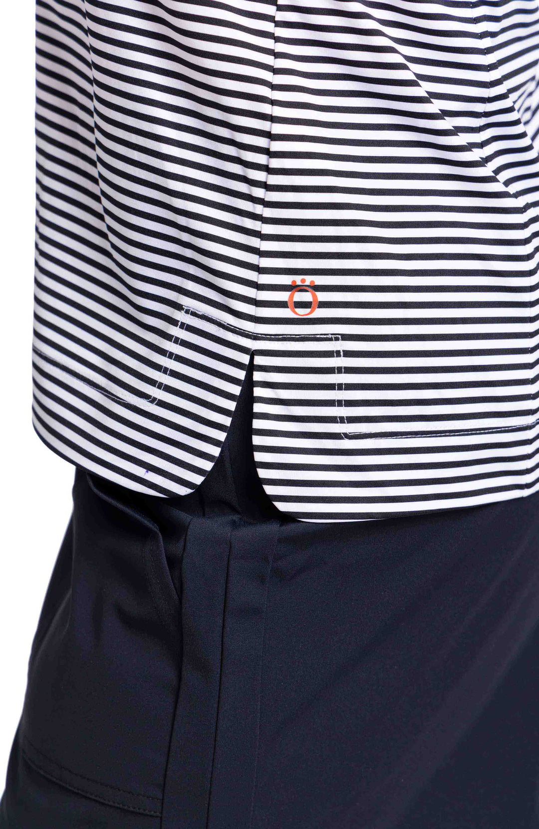 Close up of black and white horizontal striped golf polo hemline