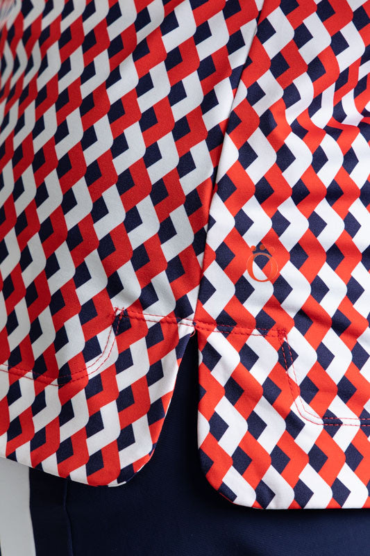 Close right view of the hemline on the Classic and Fantastic Short Sleeve Golf Top in Chevron Tomato Red 