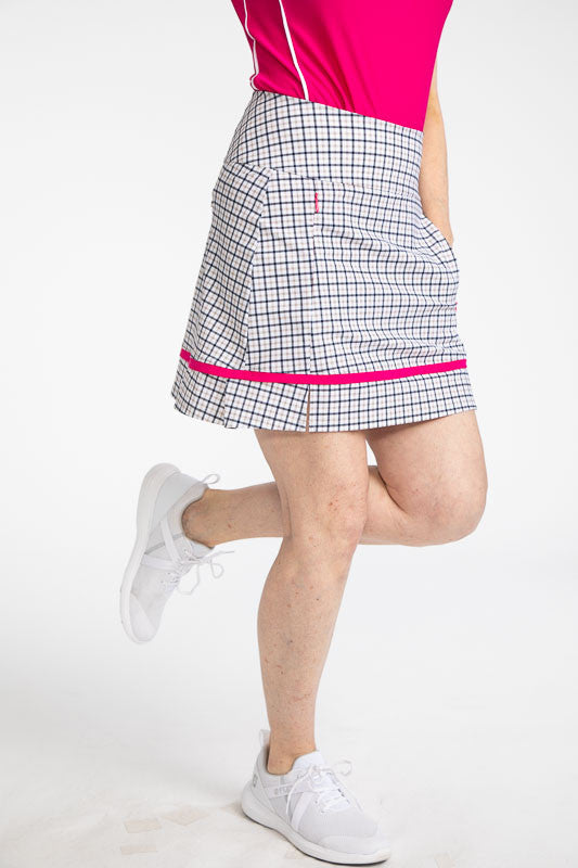 Full right side view of the Tap In Golf Skort in Quad Squad Print.