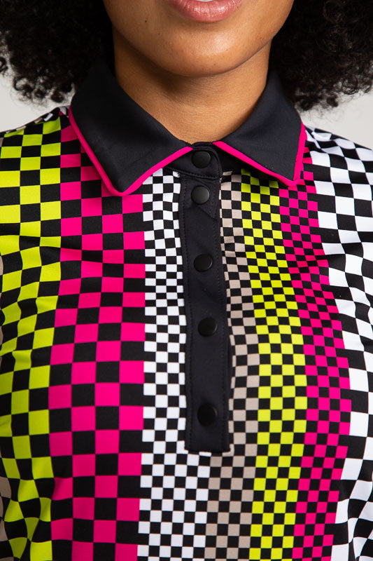 Close front view of the zipper and collar on the Play Through Short Sleeve Golf Dress in Checks Mix Print.