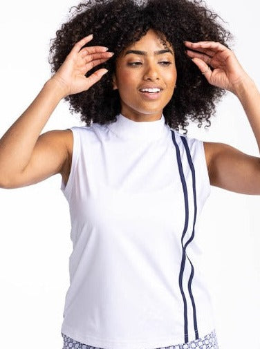 Front view of the No Break Sleeveless Golf Top in White. This is a white top with two vertical navy blue stripes from the left shoulder to the hem. This top also features a mock collar and a back zipper.