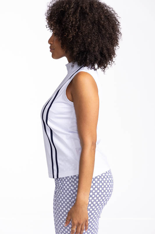 Left side view of the No Break Sleeveless Golf Top in White. This is a white top with two vertical navy blue stripes from the left shoulder to the hem. This top also features a mock collar and a back zipper.