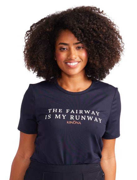 Front view of The Fairway is my Runway t-shirt in black.