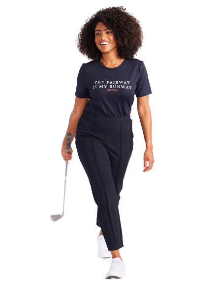 Full front view of a woman wearing The Fairway is my Runway t-shirt in black and the Tailored Crop Pants in black.