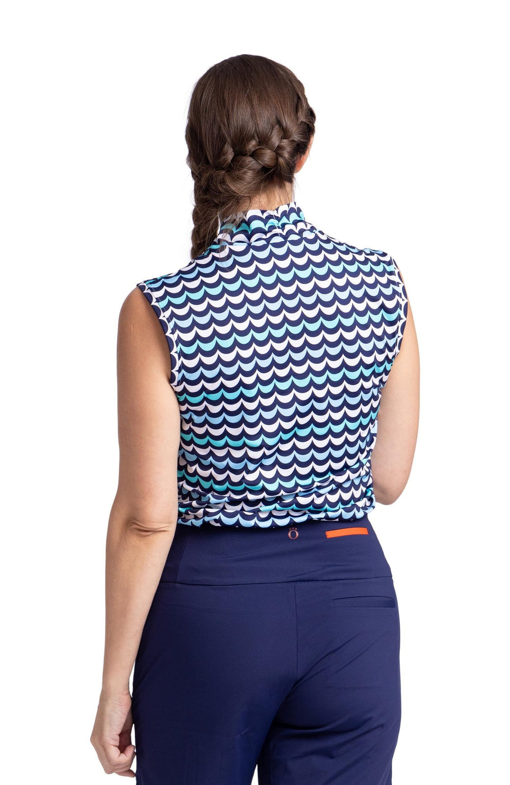 Back view of a woman wearing a sleeveless top in the Rolling Wave print. 