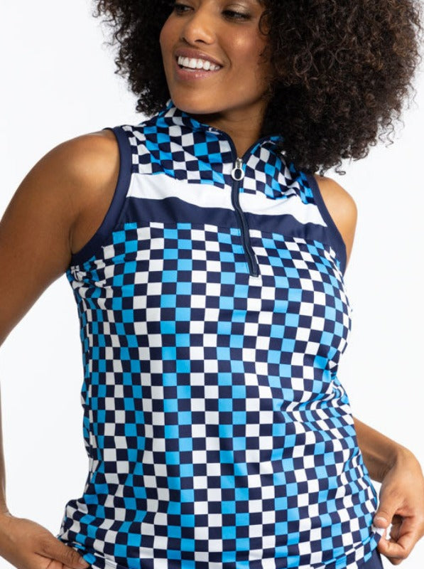 Front view of the On Target Sleeveless Golf Top in Check It Out print. This print is made up of French blue, navy blue, and white checks forming a vertical pattern and has one thick white stripe and one thick navy blue stripe across the front upper chest 