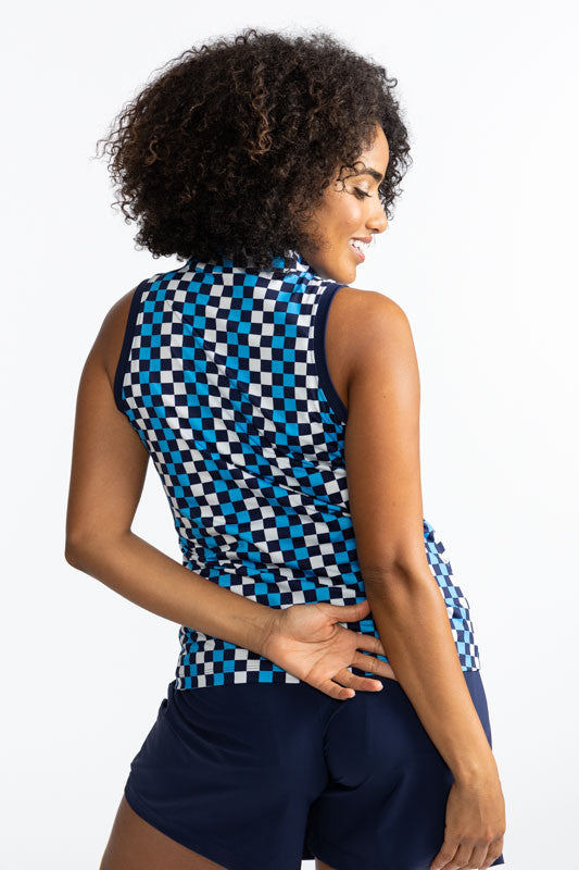 Back view of the On Target Sleeveless Golf Top in Check It Out print. This print is made up of French blue, navy blue, and white checks forming a vertical pattern and has one thick white stripe and one thick navy blue stripe across the front upper chest a
