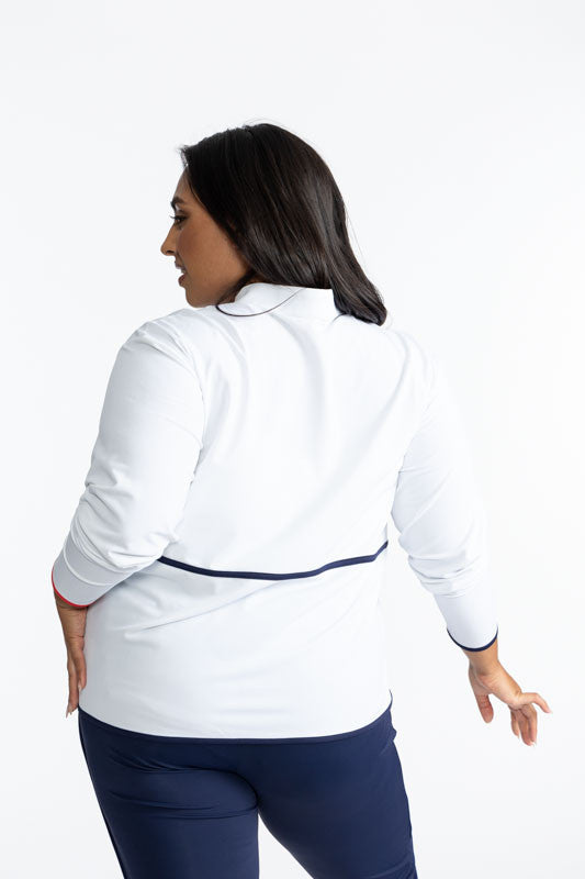 Back view of the Apres 18 Half Zip Pullover in White