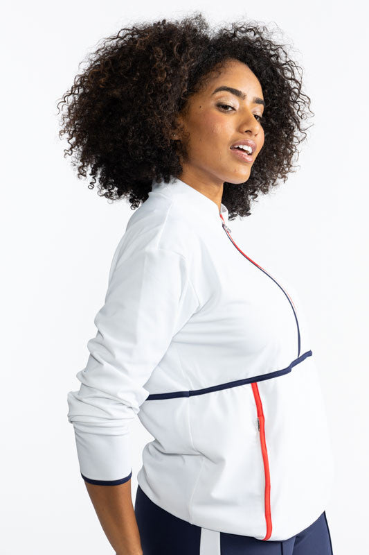 Right side view of the Apres 18 Half Zip Pullover in White