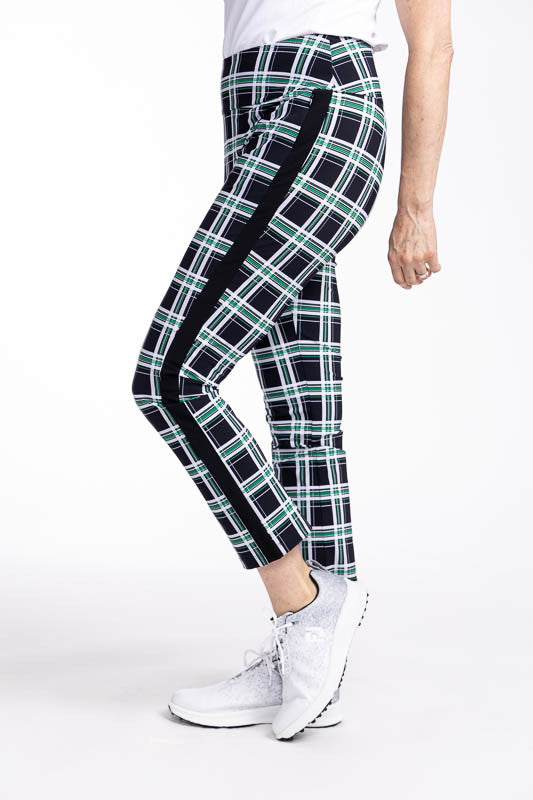 Left side view of the Smooth Your Waist Crop Golf Pants in Tartan Plaid.