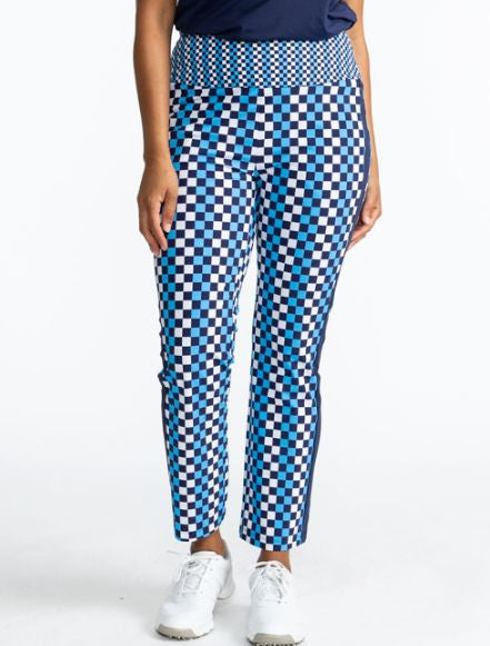 Close front view of the Smooth Your Waist Crop Pants in Check It Out print. This print consists of checks in French blue, navy blue, and white, creating vertical stripes that run the length of these pants.  A similar, smaller pattern repeats around the wa