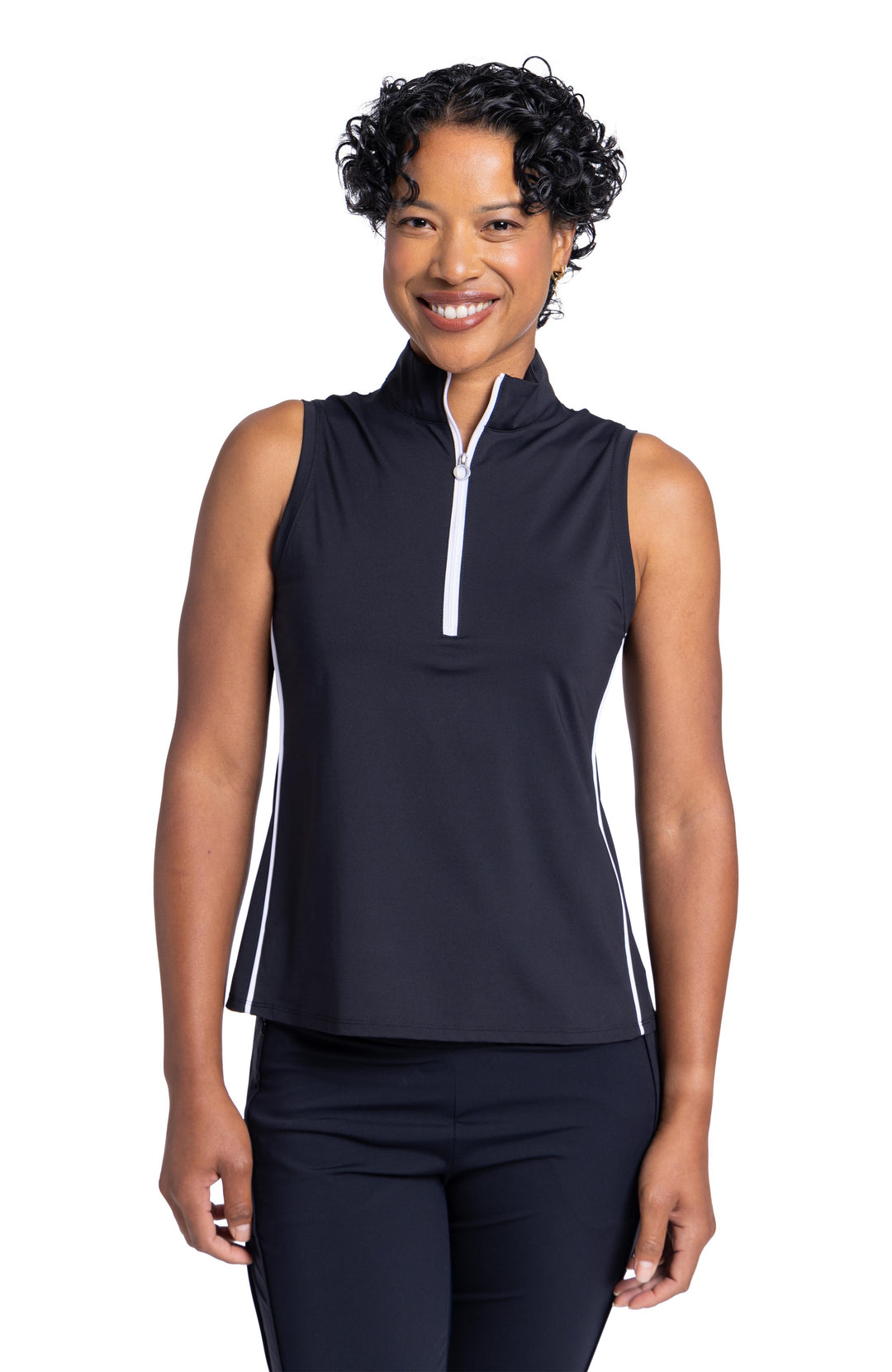 Women smiling wearing keep it covered sleeveless top in black with white trim
