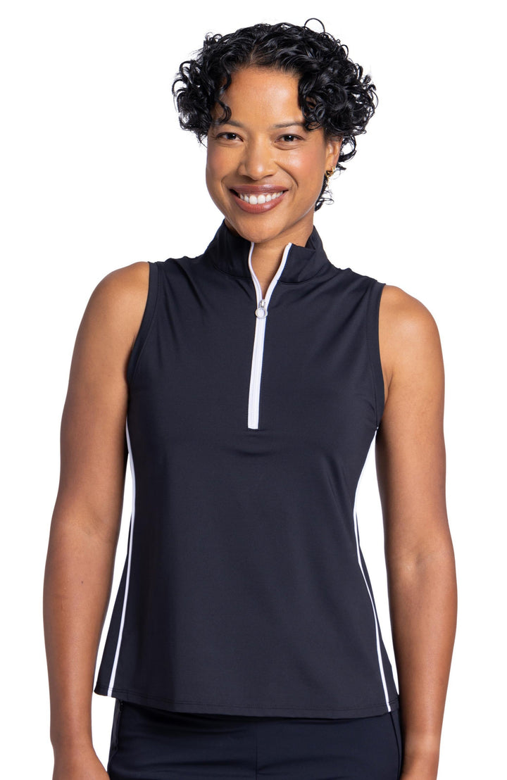 Woman in black sleeveless golf top