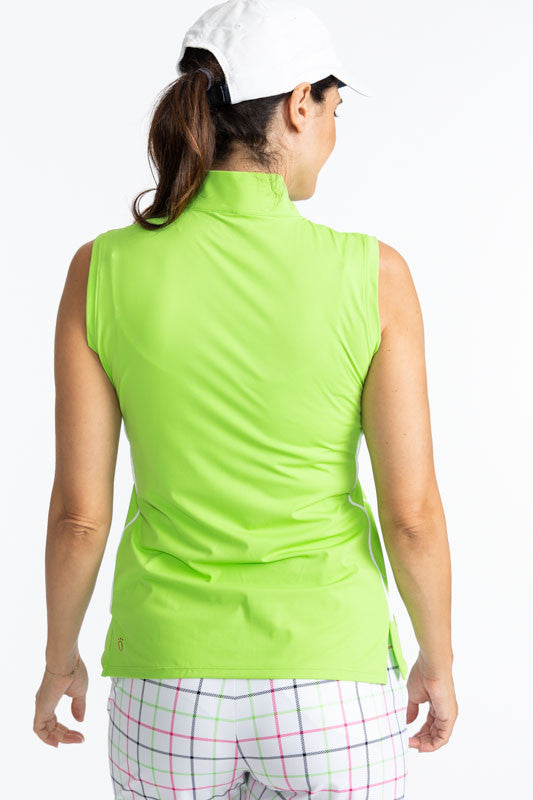 Back view of the Keep It Covered Sleeveless Golf Top in Grass Green. This is a solid grass green top with a white quarter zip front and a thin, white stripe down each side of the top. 