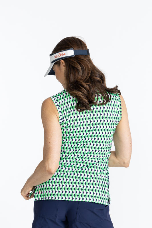 Back view of the Keep It Covered Sleeveless Golf Top in Chevron Kelly Green. This top has a quarter zip navy blue zipper on the front and two thin, navy blue stripe down each side of this top.