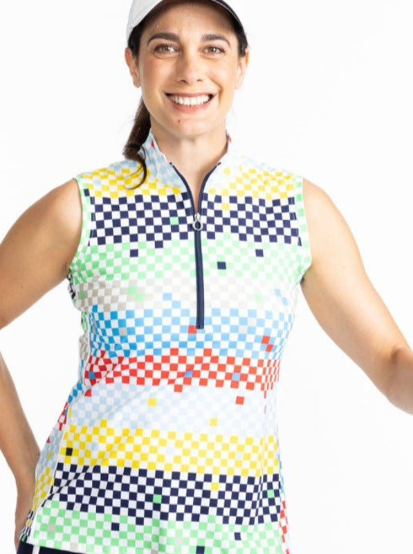 Close front view of the Keep It Covered Sleeveless Golf Top in Cheeky Check Print. This print is made up of a checked horizontal patter that creates a horizontal wrap in black, grass green, lemon yellow, French blue, and tomato red on a white background. 
