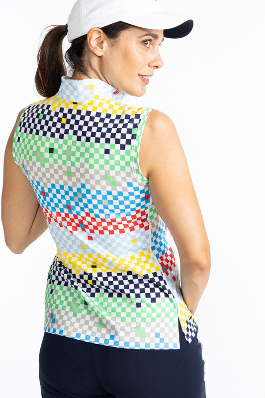 Back view of the Keep It Covered Sleeveless Golf Top in Cheeky Check Print. This print is made up of a checked horizontal patter that creates a horizontal wrap in black, grass green, lemon yellow, French blue, and tomato red on a white background. This to