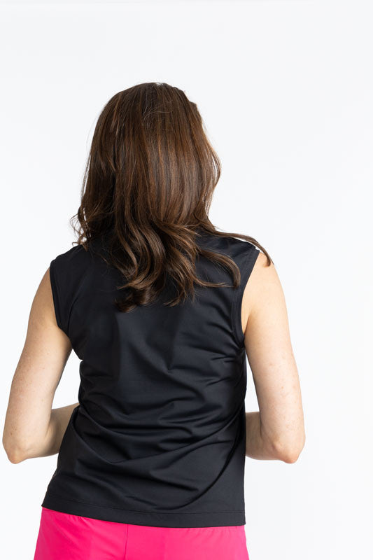 Back view of the Twist and Shout Sleeveless Golf Top in Black. 