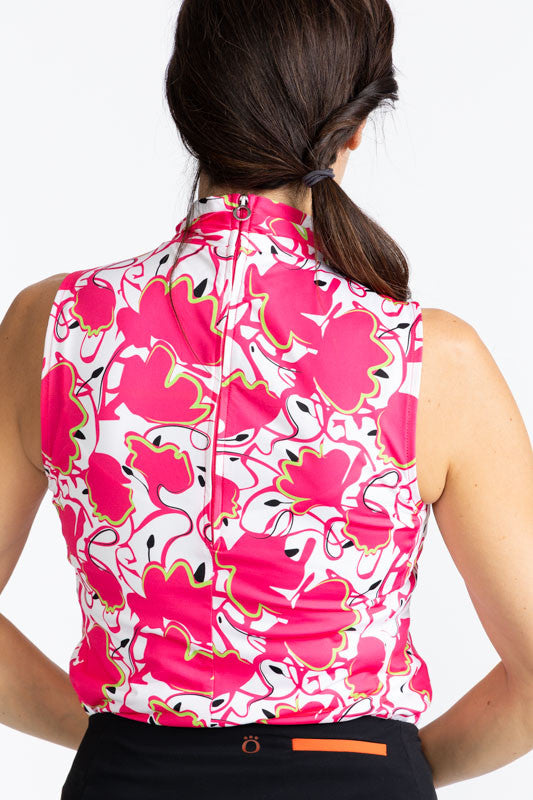 Close back view of the Twist and Shout Sleeveless Golf Top in Poppy Power. This is a retro-inspired pattern of Preppy Pink poppies on a white background with black accents.