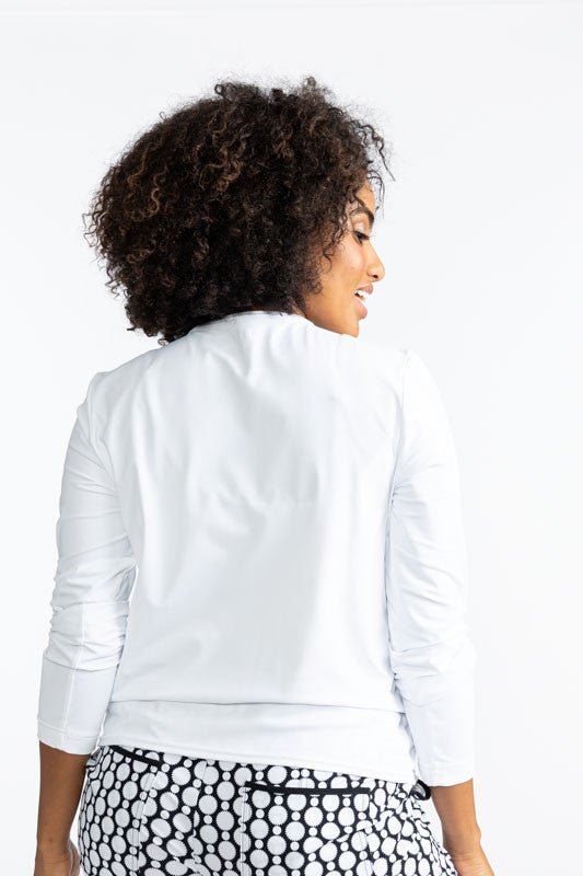 Close back view of the Party Cardi in White