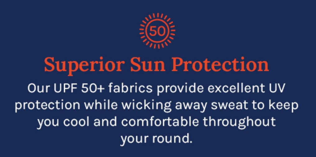 Sun protection graphic explaining UPF50+ fabrics with excellent UV protection and wicking properties