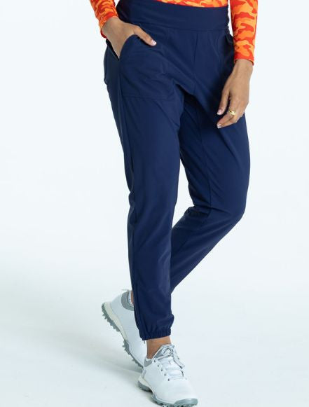 Close front view of the Tailored and Trim Golf Jogger Pants in Navy Blue.