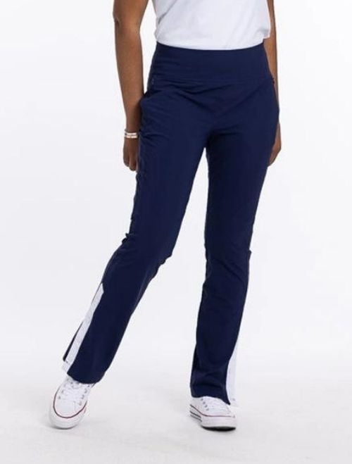 Front view of the Snappy Golf Trouser Pants in navy blue. Women's golf pants navy.